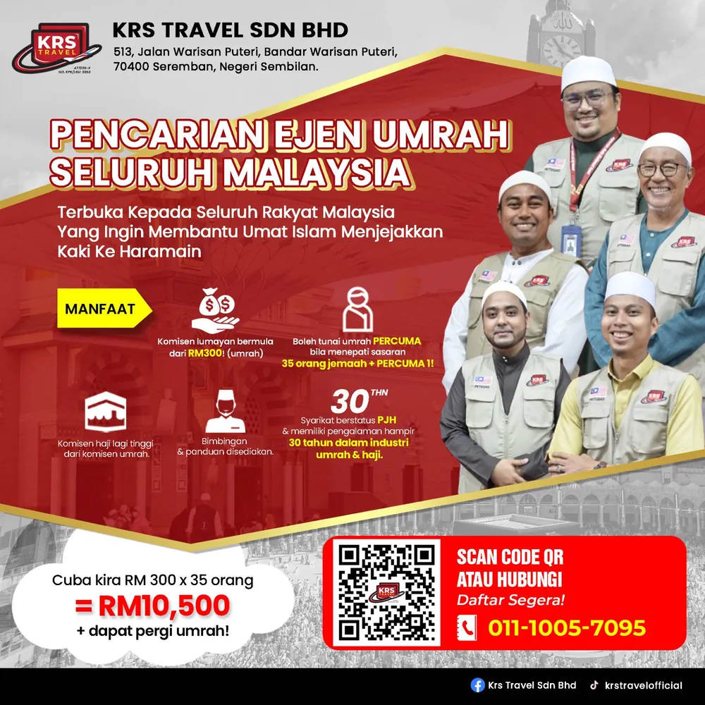 Poster pencarian ejen umrah KRS Travel seluruh Malaysia — komisen bermula RM300 bagi setiap jemaah umrah, komisen haji lebih tinggi, umrah percuma apabila mencapai sasaran 35 jemaah, serta bimbingan dan panduan disediakan.