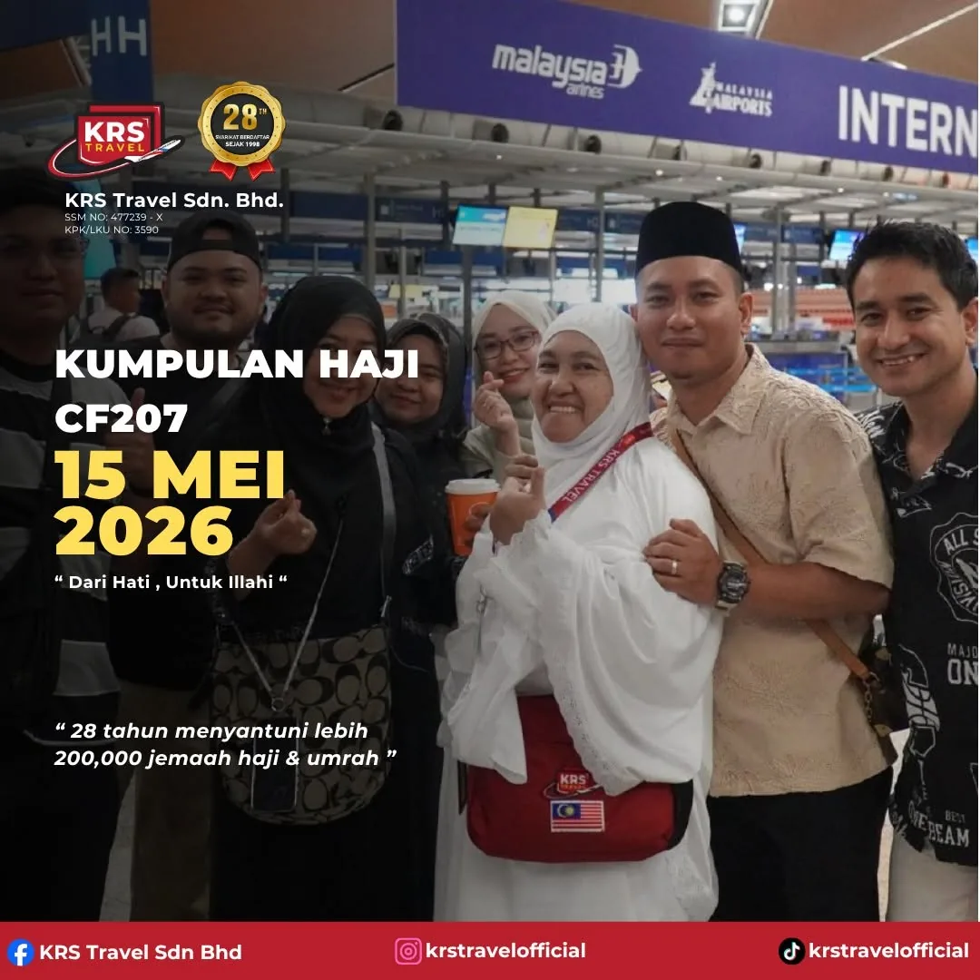 Kumpulan haji CF207 KRS Travel bergambar di balai berlepas antarabangsa KLIA pada 15 Mei 2026