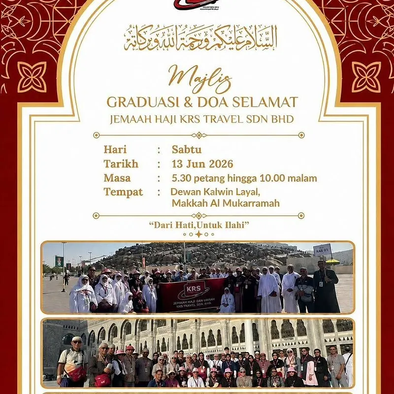 Poster Majlis Graduasi dan Doa Selamat jemaah haji KRS Travel pada 13 Jun 2026 di Dewan Kalwin Layal, Makkah