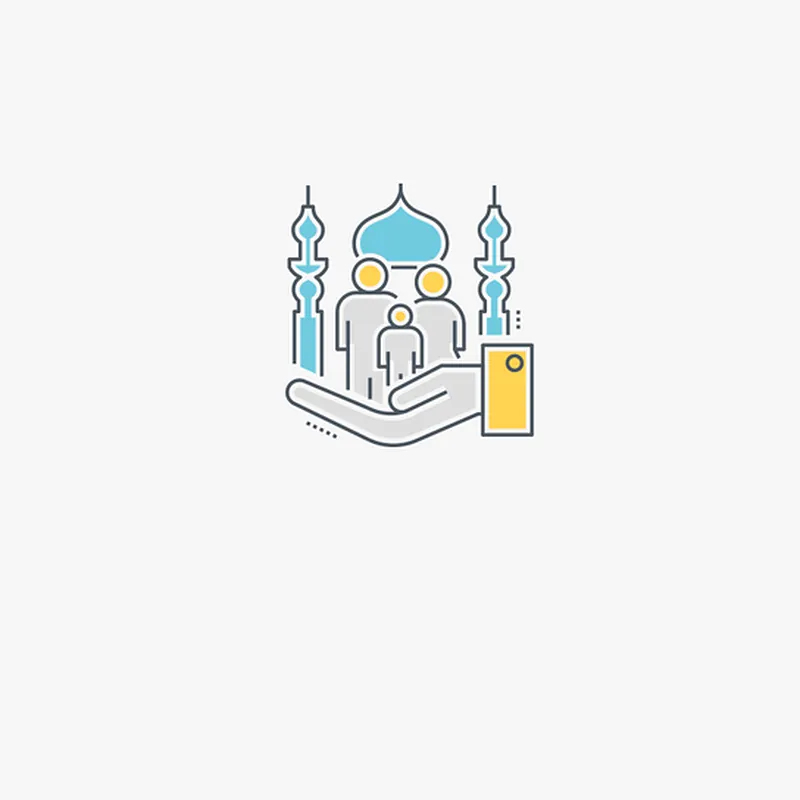 Ilustrasi perlindungan Takaful Perjalanan Haji — tangan memegang kad perlindungan di hadapan masjid dan keluarga jemaah