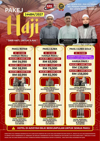 Risalah Pakej Haji KRS Travel 1448H/2027: harga dan hotel bagi Pakej Rotab, Pakej Ajwa dan Pakej Ajwa Gold