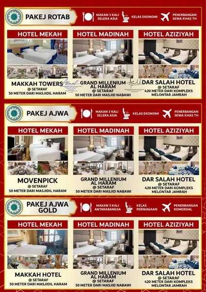 Info Pakej Haji KRS Travel: hotel Mekah, Madinah dan Aziziyah bagi Pakej Rotab, Ajwa dan Ajwa Gold