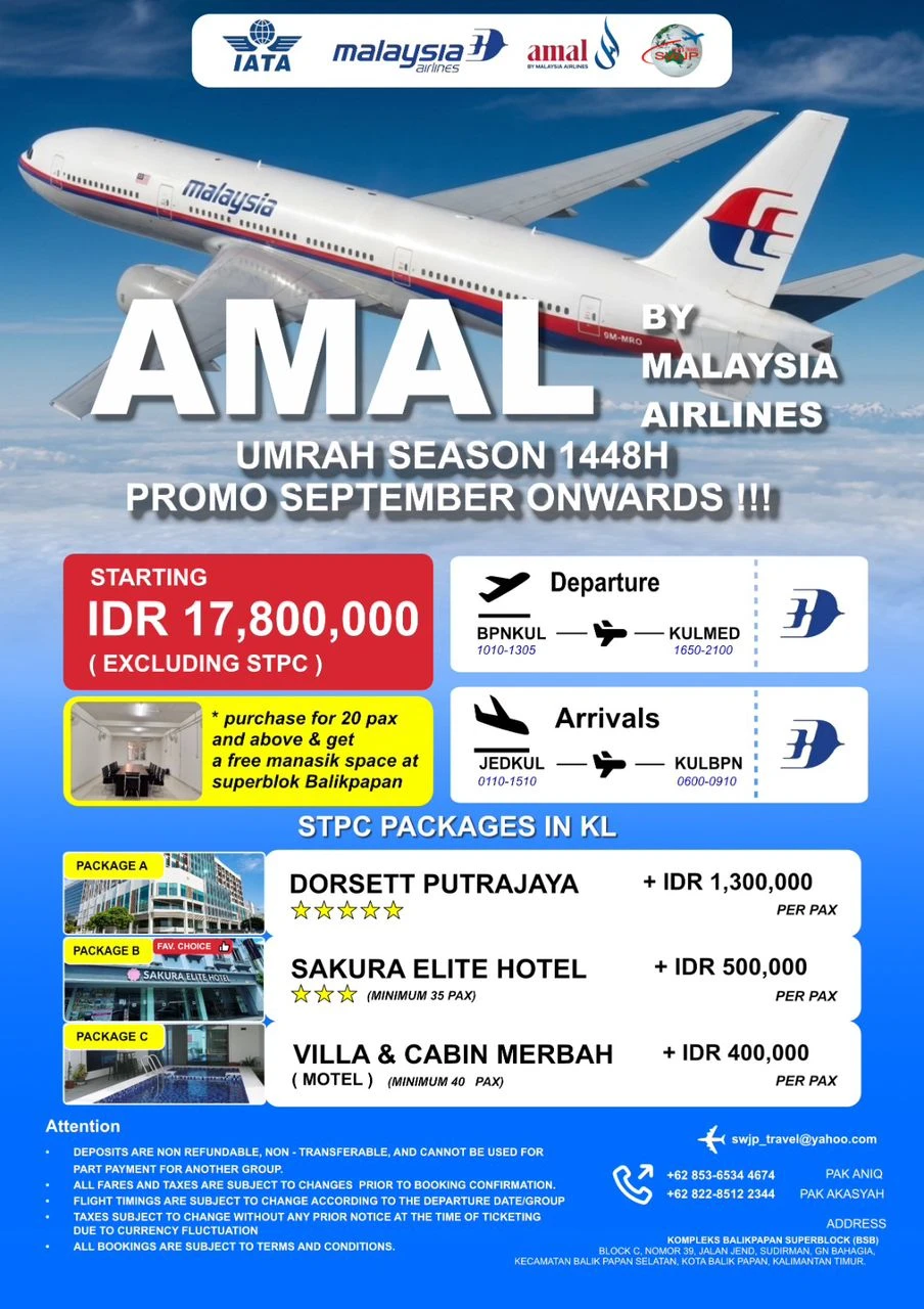 Poster promo tiket umrah Amal by Malaysia Airlines musim 1448H bermula September dengan pakej STPC di Kuala Lumpur