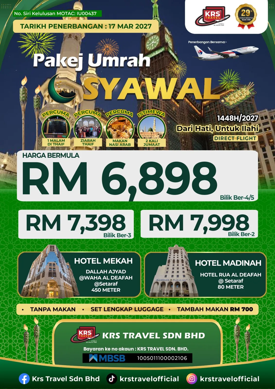 Pakej Umrah Syawal 1448H/2027 Tanpa Makan dari RM 6,898 — KRS Travel