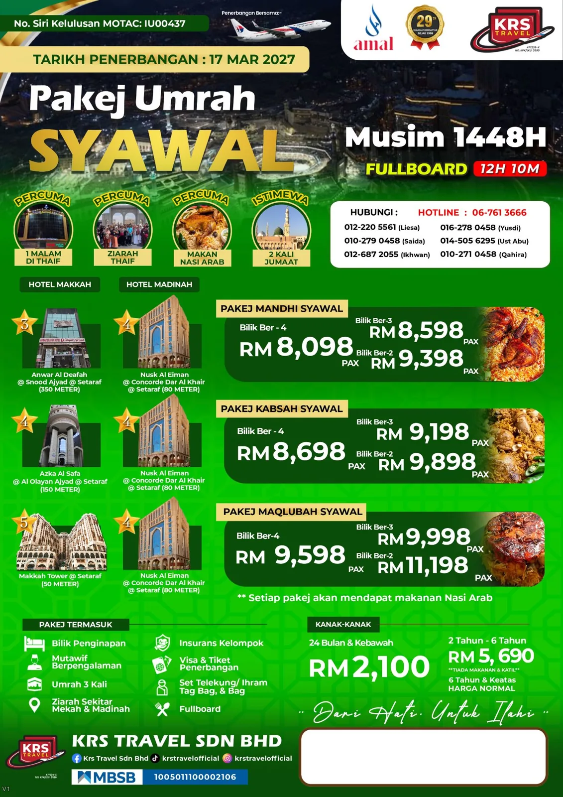 Pakej Umrah Syawal 1448H/2027 Fullboard — Mandhi, Kabsah, Maqlubah — KRS Travel