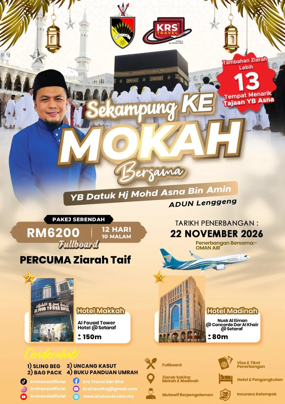 Poster Pakej Umrah Sekampung Ke Mokah bersama YB Datuk Hj Mohd Asna Bin Amin, ADUN Lenggeng — KRS Travel (tempahan sudah penuh)
